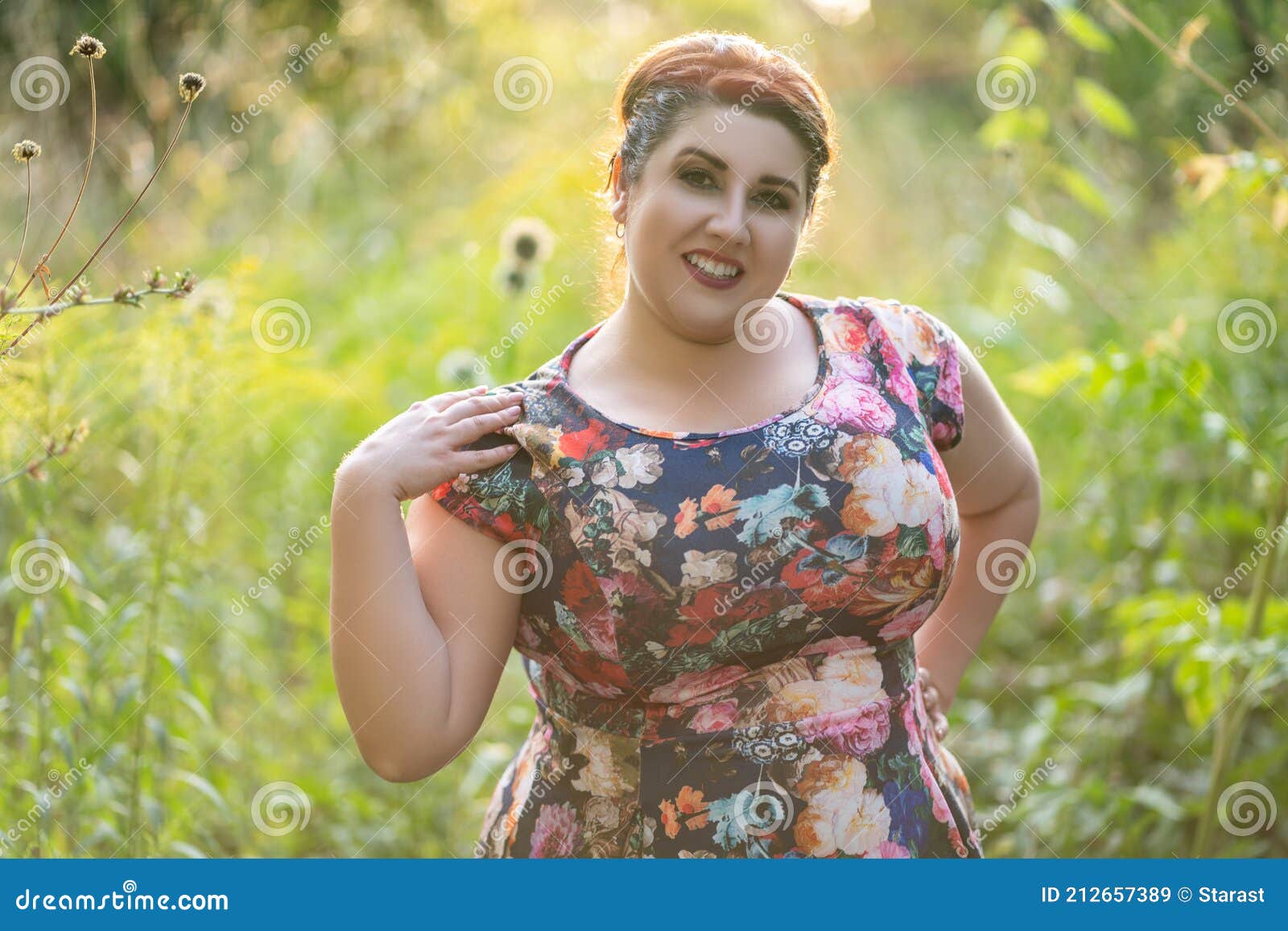 Happy Plus Size Model In Floral Dress Outdoors Beautiful Fat Woman With Big Breasts In Nature 