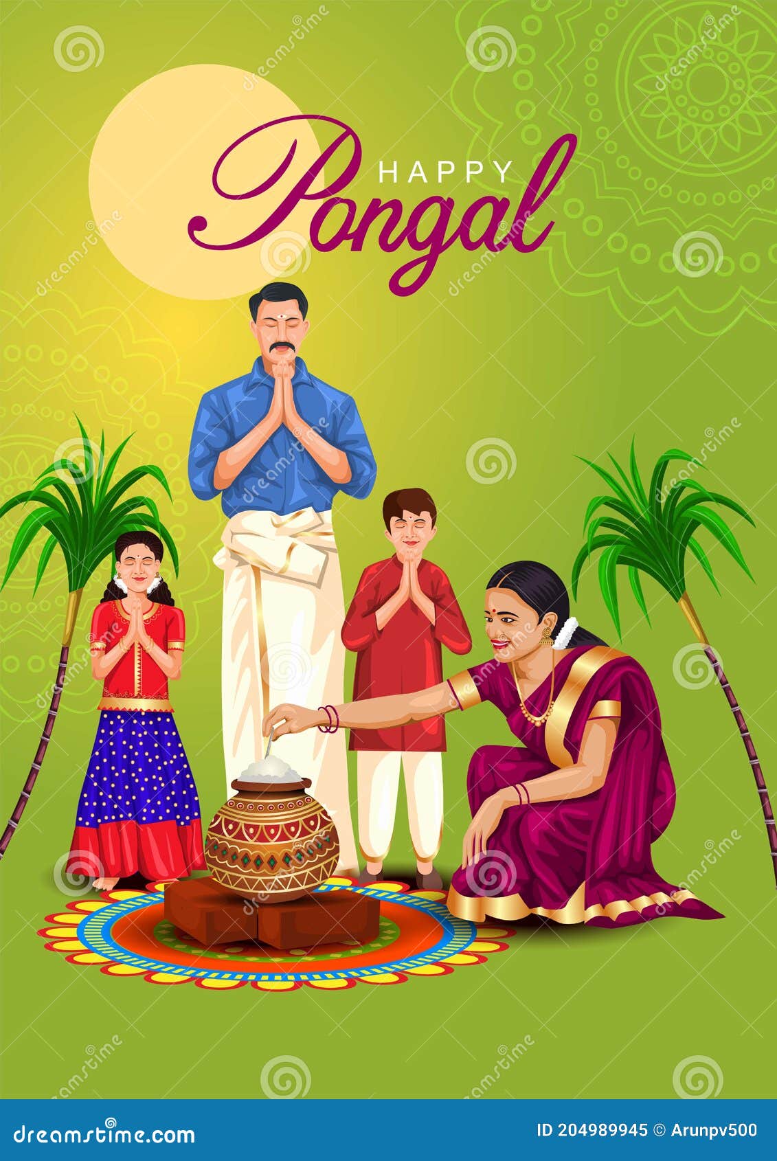 Happy Pongal Celebration with Sugarcane, Rangoli and Pot of Rice. Tamil