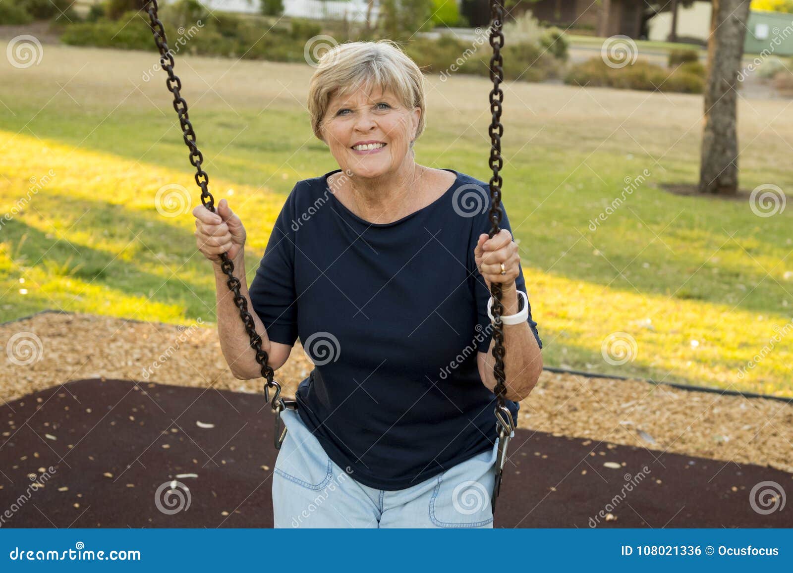 Happy Portrait Of American Senior Mature Beautiful Woman On Her