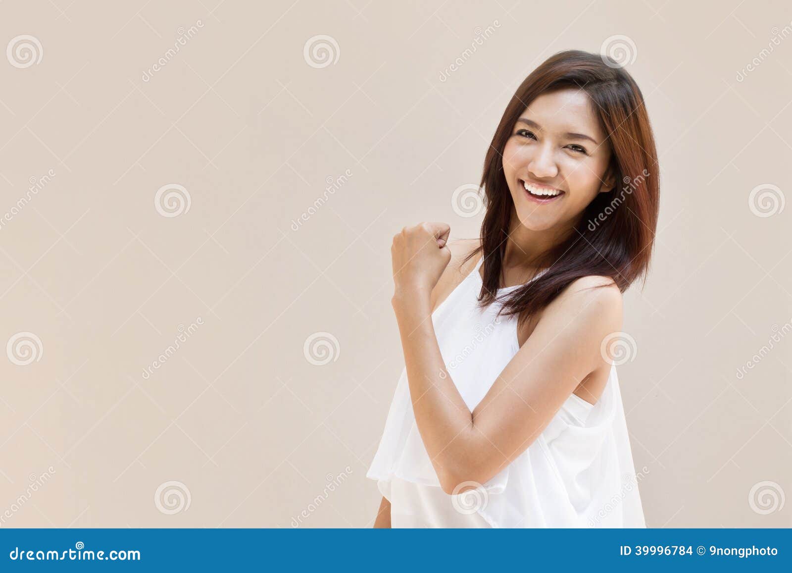 happy, positive, smiling, confident woman on plain background