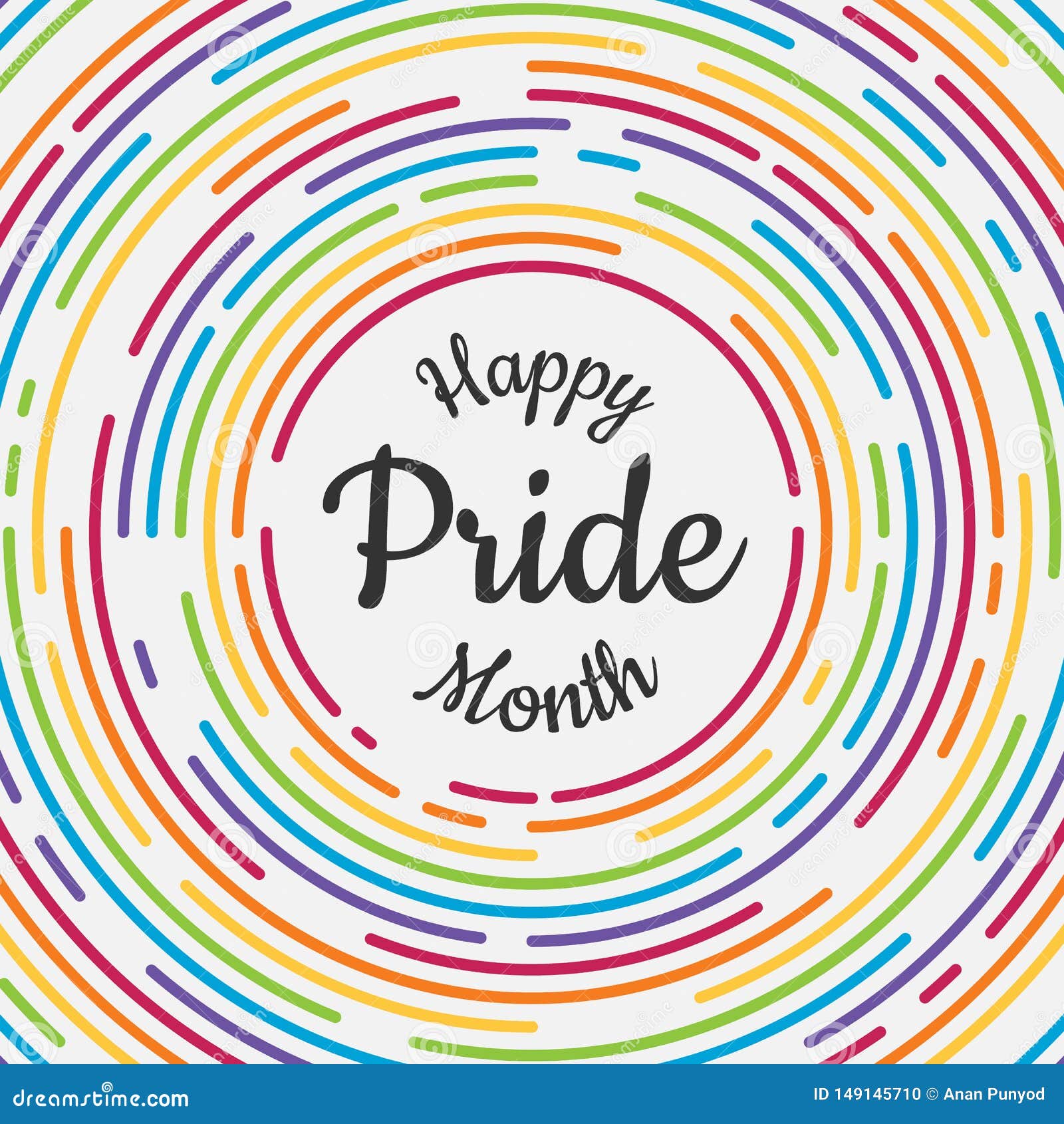 happy pride month banner with typography text in abstract colorful rainbow line dash circle texture background  