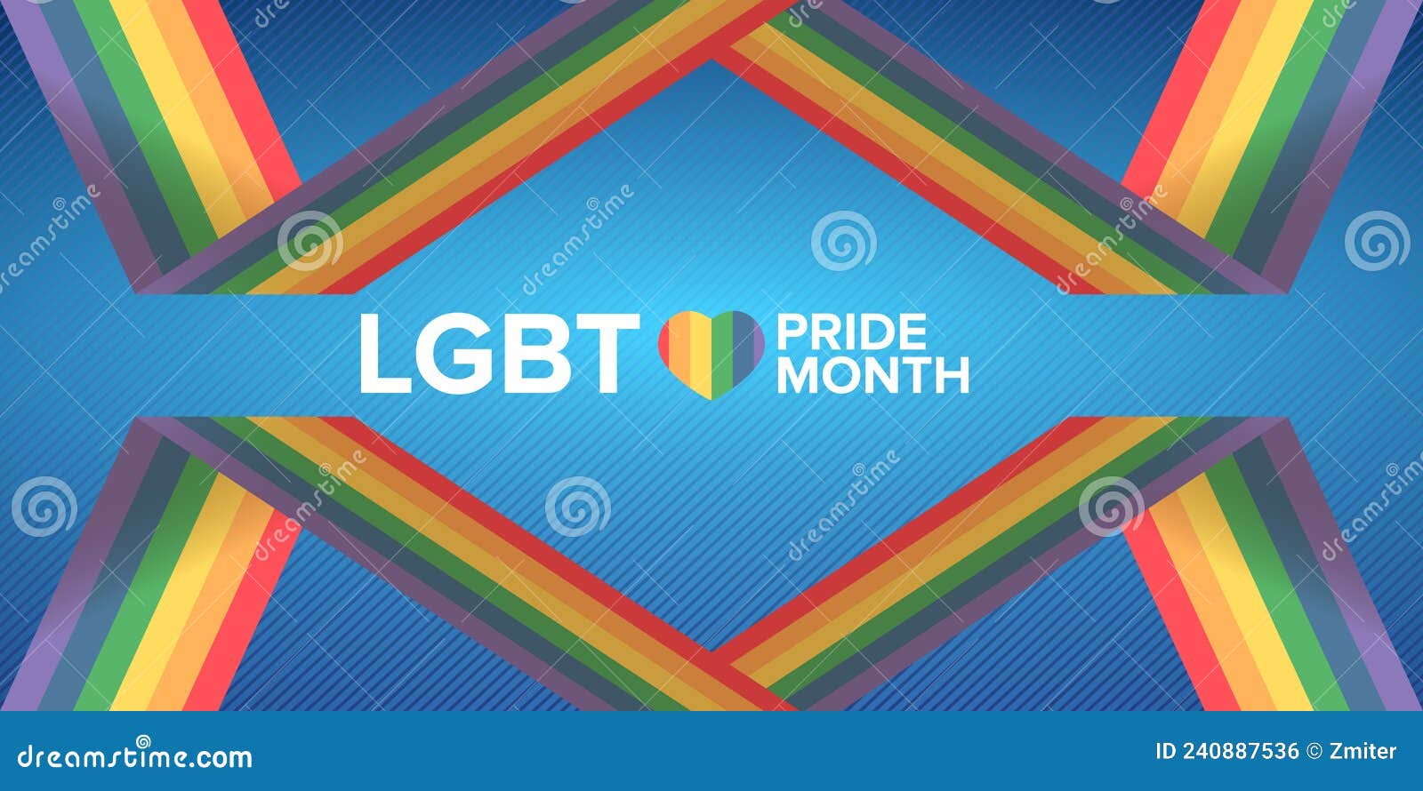 Happy pride month horizontal banner with pride color striped ribbon flag isolated on blue background. LGBT Pride month or pride day poster, flyer, invitation party card modern design template.