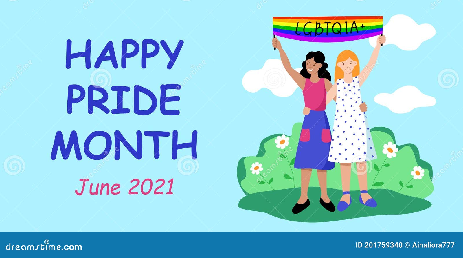 Happy Pride Month June 21 Horizontal Website Banner Header Template Two Lesbians With Rainbow Flag At The Gay Parade Stock Vector Illustration Of Happy Banner