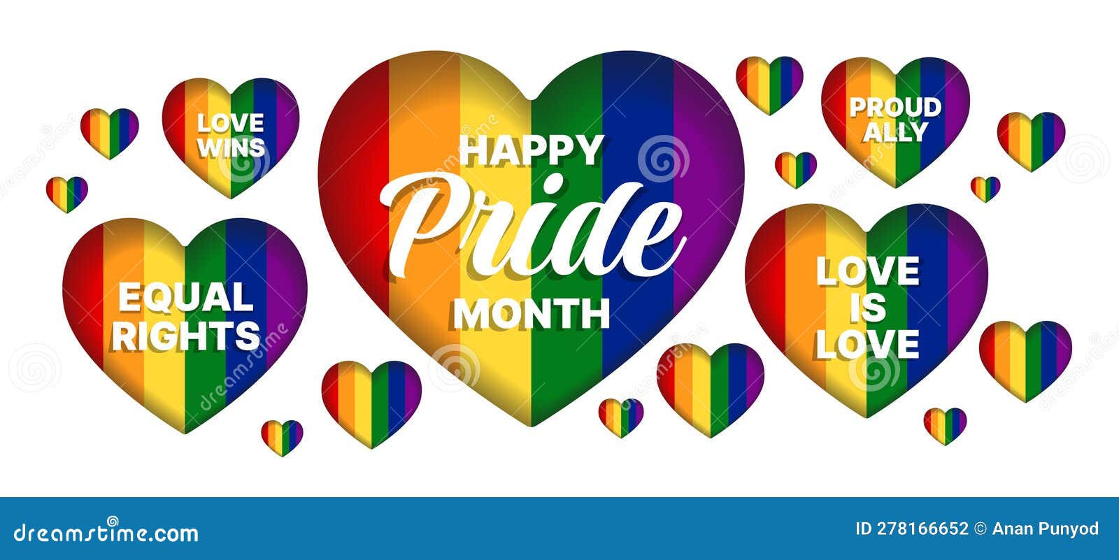 happy pride month, love wins, love is love, equal right and proud ally text in rainbow pride hearts  