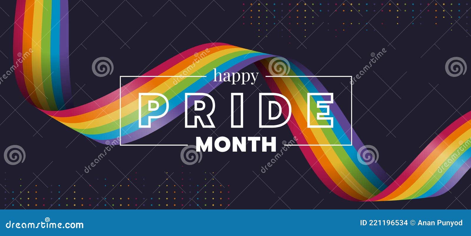 Happy Pride Month Text and Rainbow Pride Ribbon Roll Wave on Circle Dot