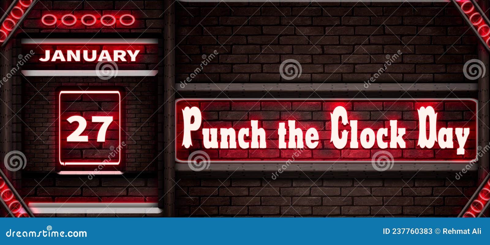 27 January, Punch the Clock Day, Neon Text Effect on Bricks Background Stock Illustration
