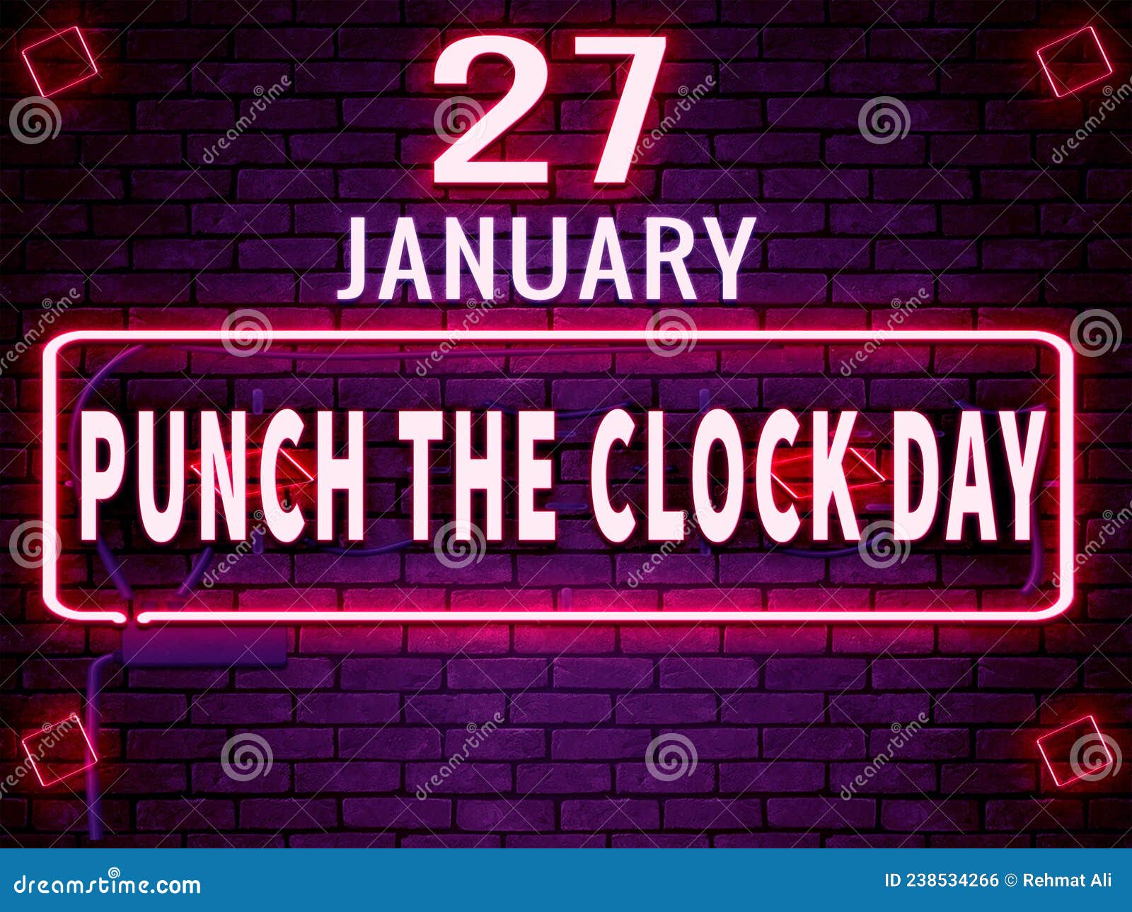 27 January, Punch the Clock Day, Neon Text Effect on Bricks Background Stock Illustration