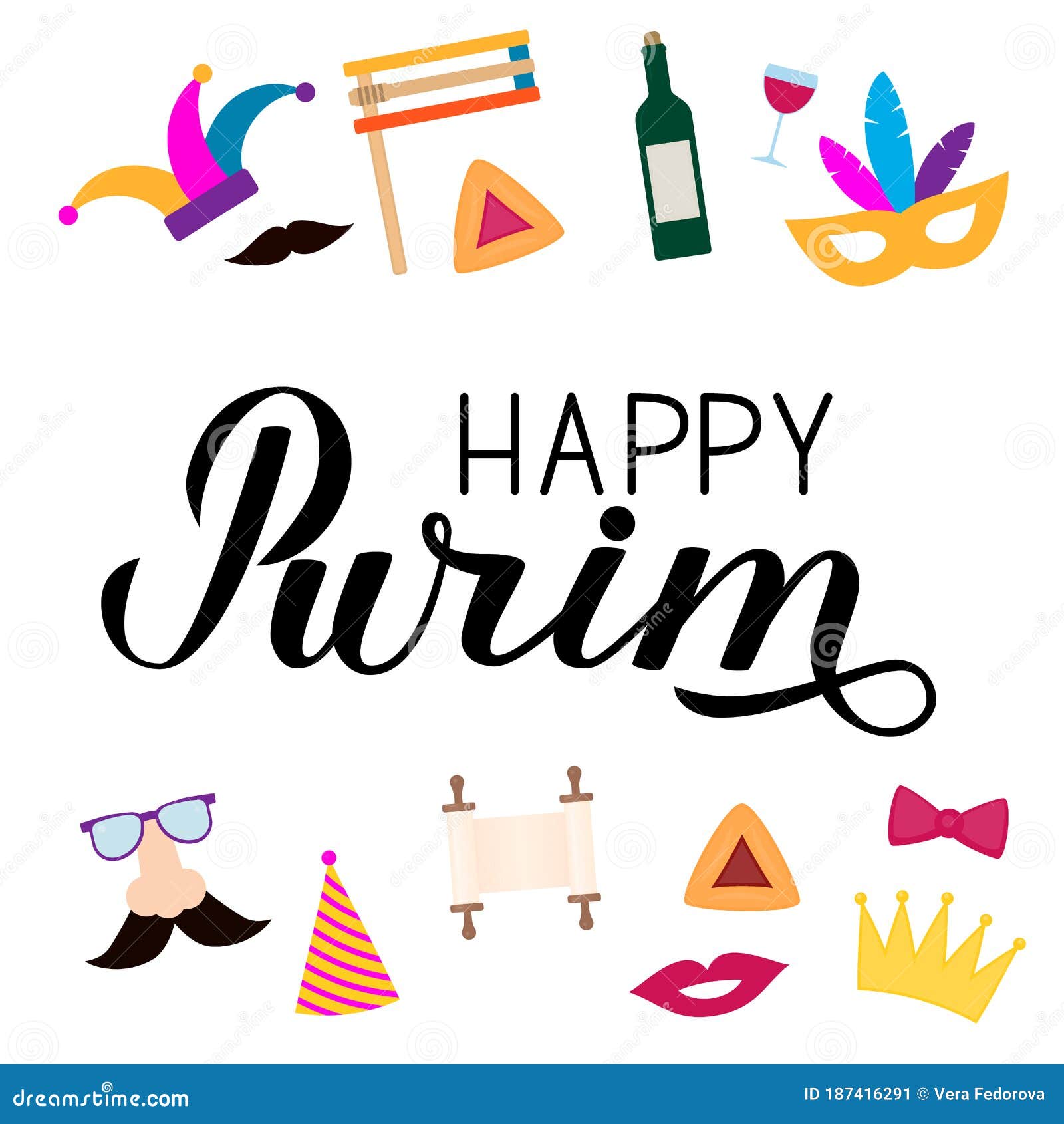 happy purim calligraphy hand lettering with traditional jewish s hamantaschen cookies, noisemaker, megillah esther, wine,