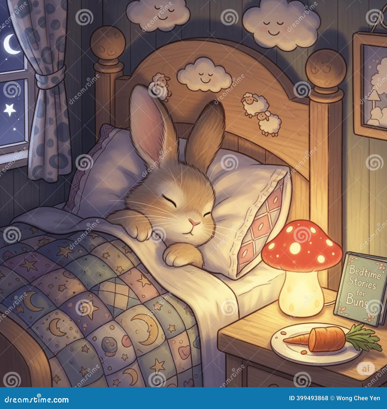 Happy Blissful Rabbit Sleeping in Bed, Illustration Stock