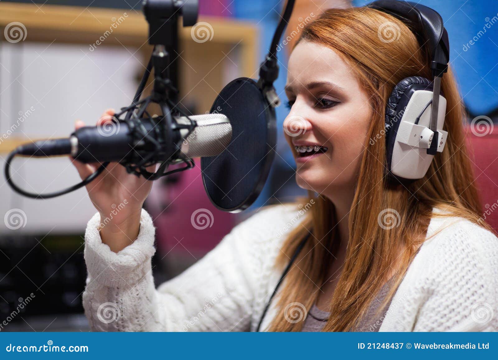 Happy radio host speaking stock image. Image of broadcasting - 21248437