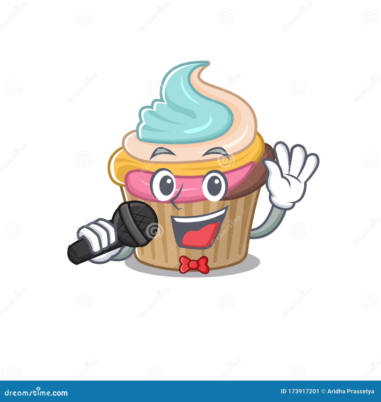Happy Rainbow Cupcake Singing on a Microphone Stock Vector