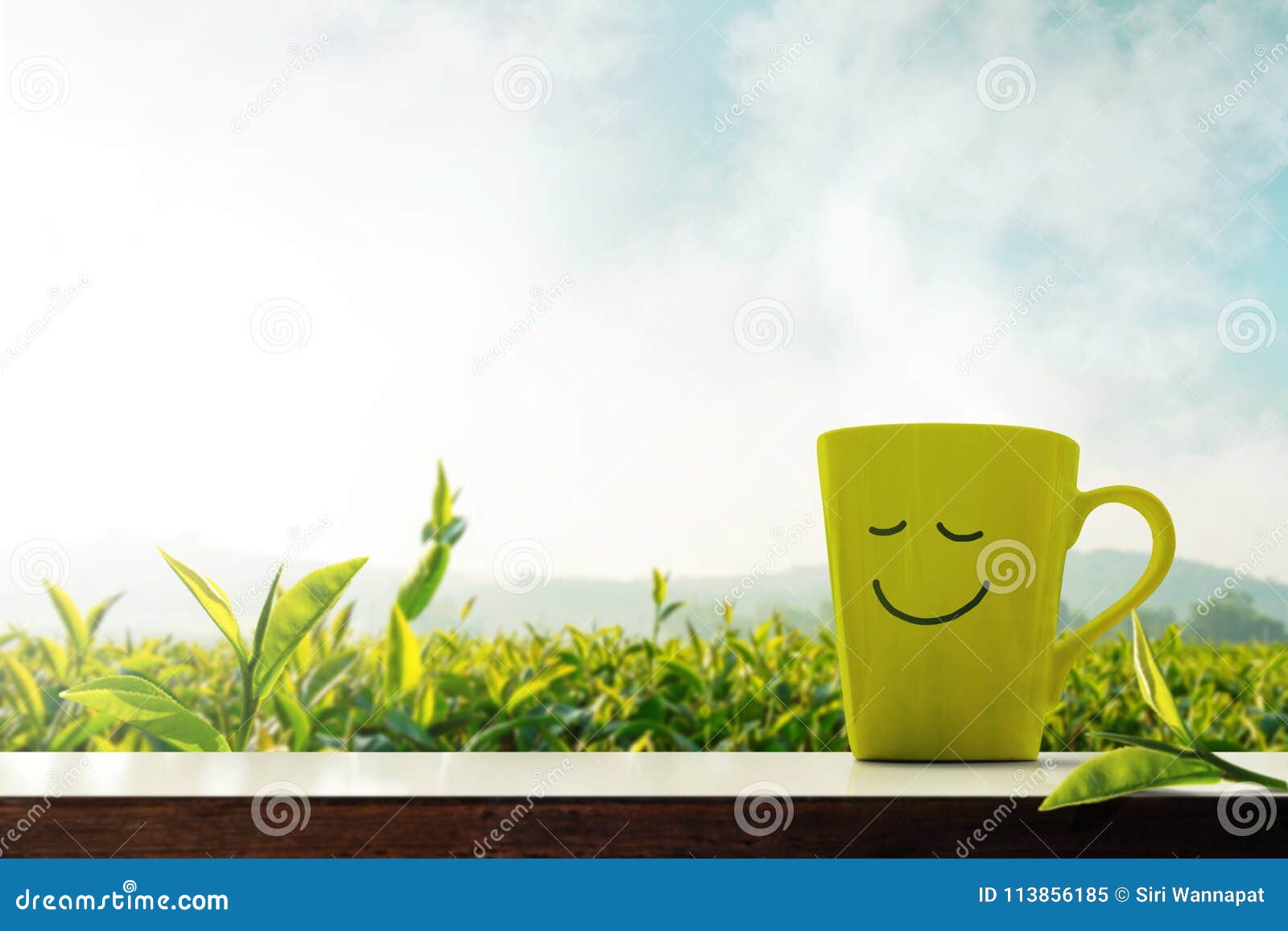 happy and relaxation concept. a cup of hot tea with smiley face