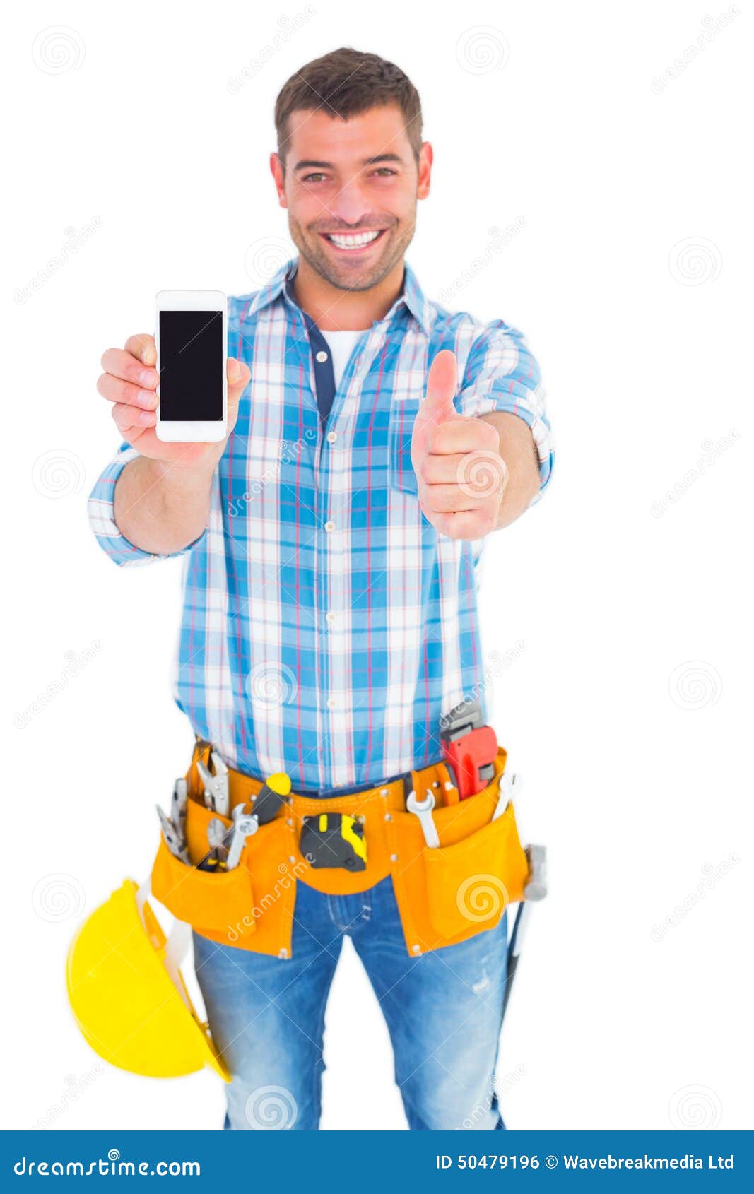 happy repairman showing mobile phone white gesturing thumbs up