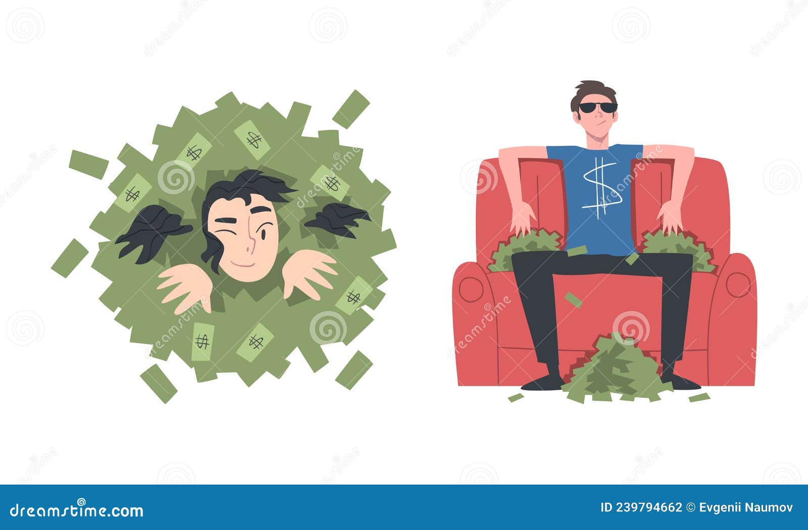 Happy Rich Man and Woman among Pile of Dollar Banknote and Sitting in ...