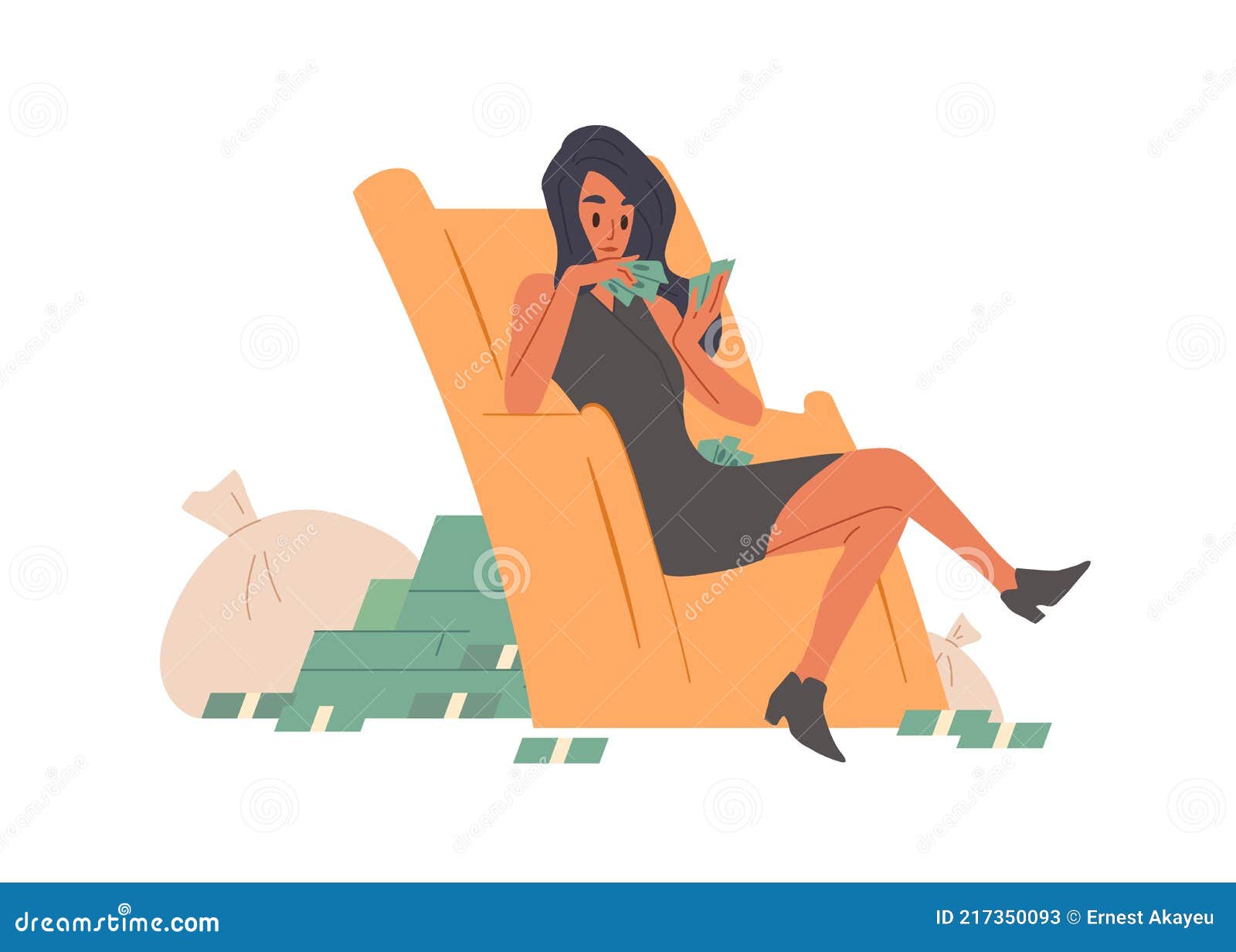 happy rich and wealthy woman counting cash. young lady with money stacks and bags. wealth, abundance, richness, and
