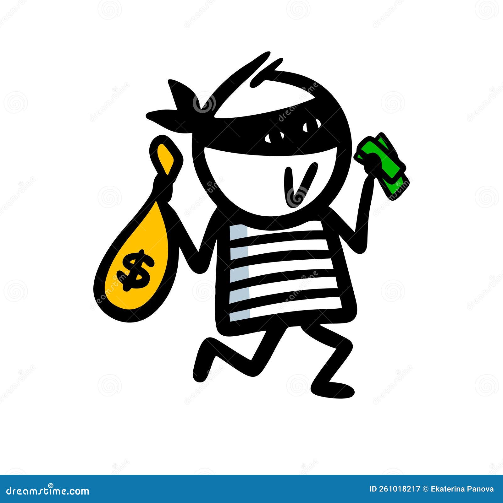 Happy Robber Character Running With Bag Of Money And Cash Banknotes In