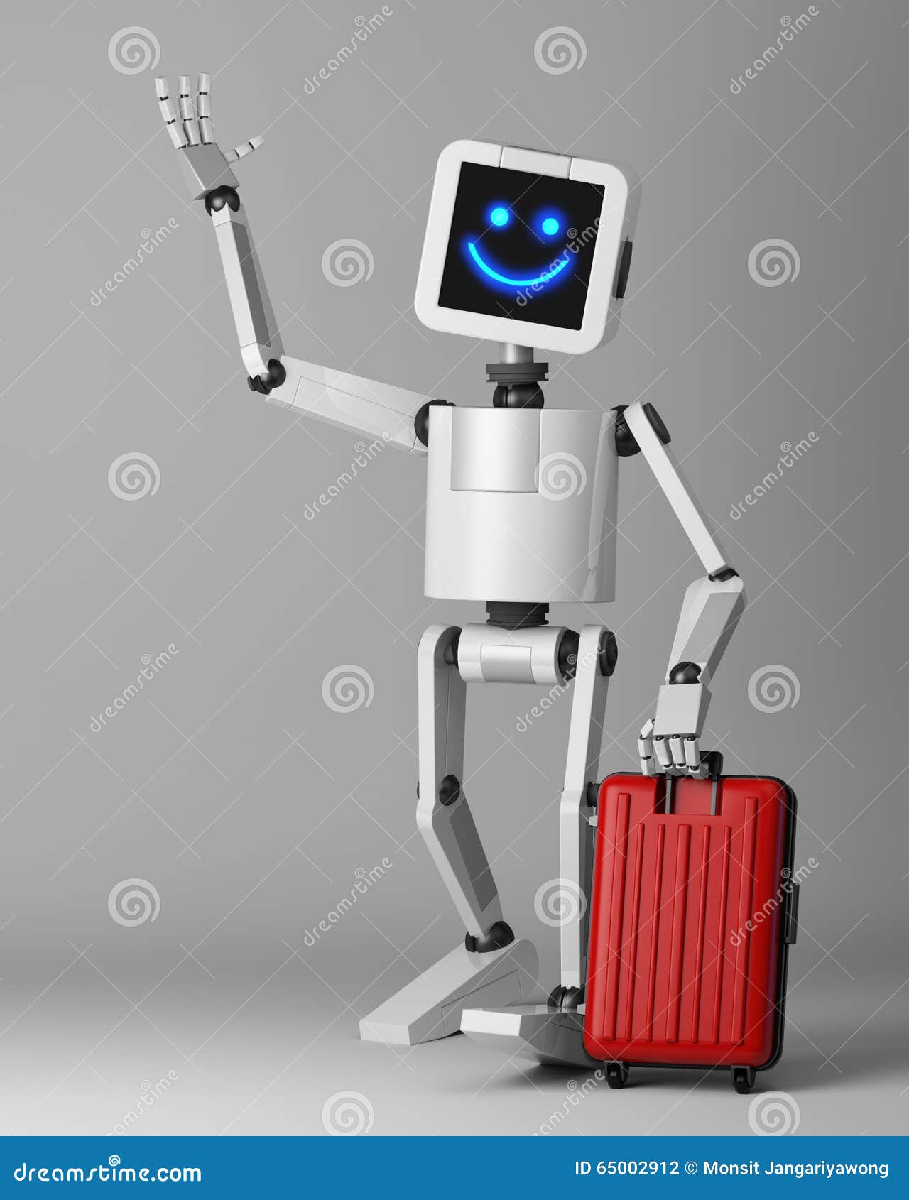 Happy Robot Suitcase Standing 3d Render Stock Illustration Illustration of journey: 65002912