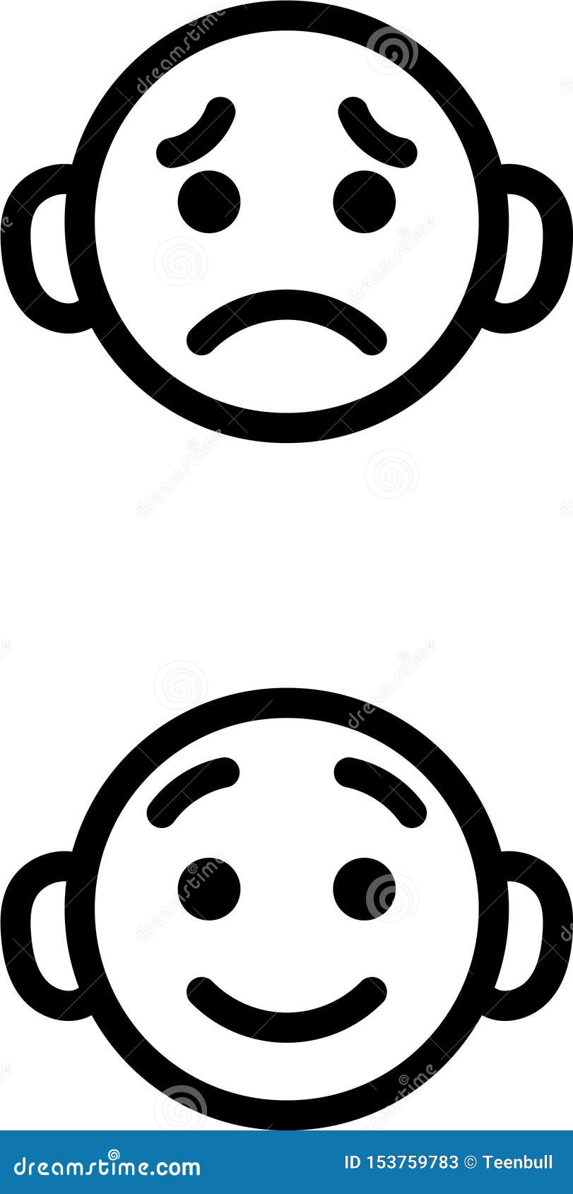 happy and sad smile cartoon icons set. little boy head emoji in different moods.  outline icons collection