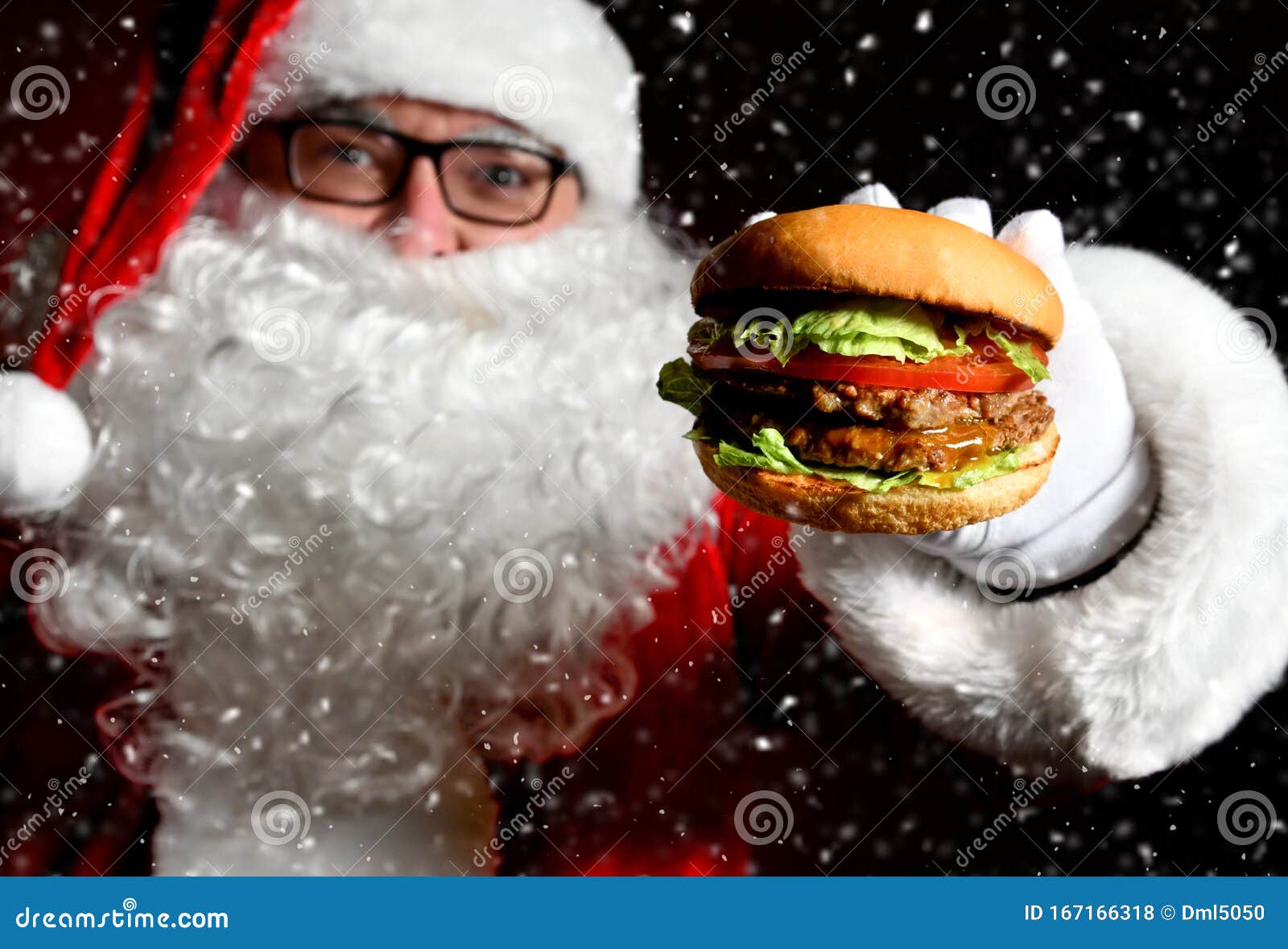 Happy Santa Claus Hold Tasty Burger Sandwich Hamburger in Hand Closeup