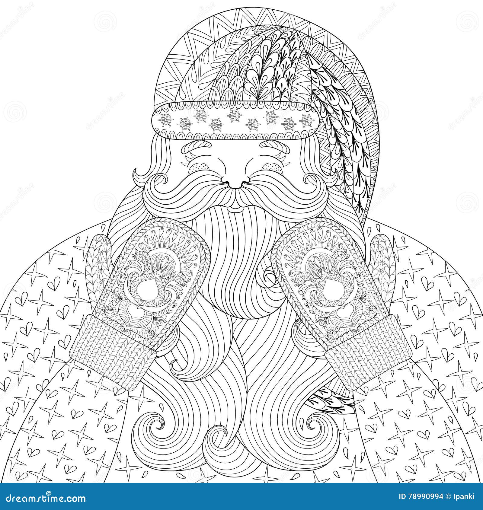 Download Happy Santa With Knitted Mittens In Zentangle Style. Hand ...