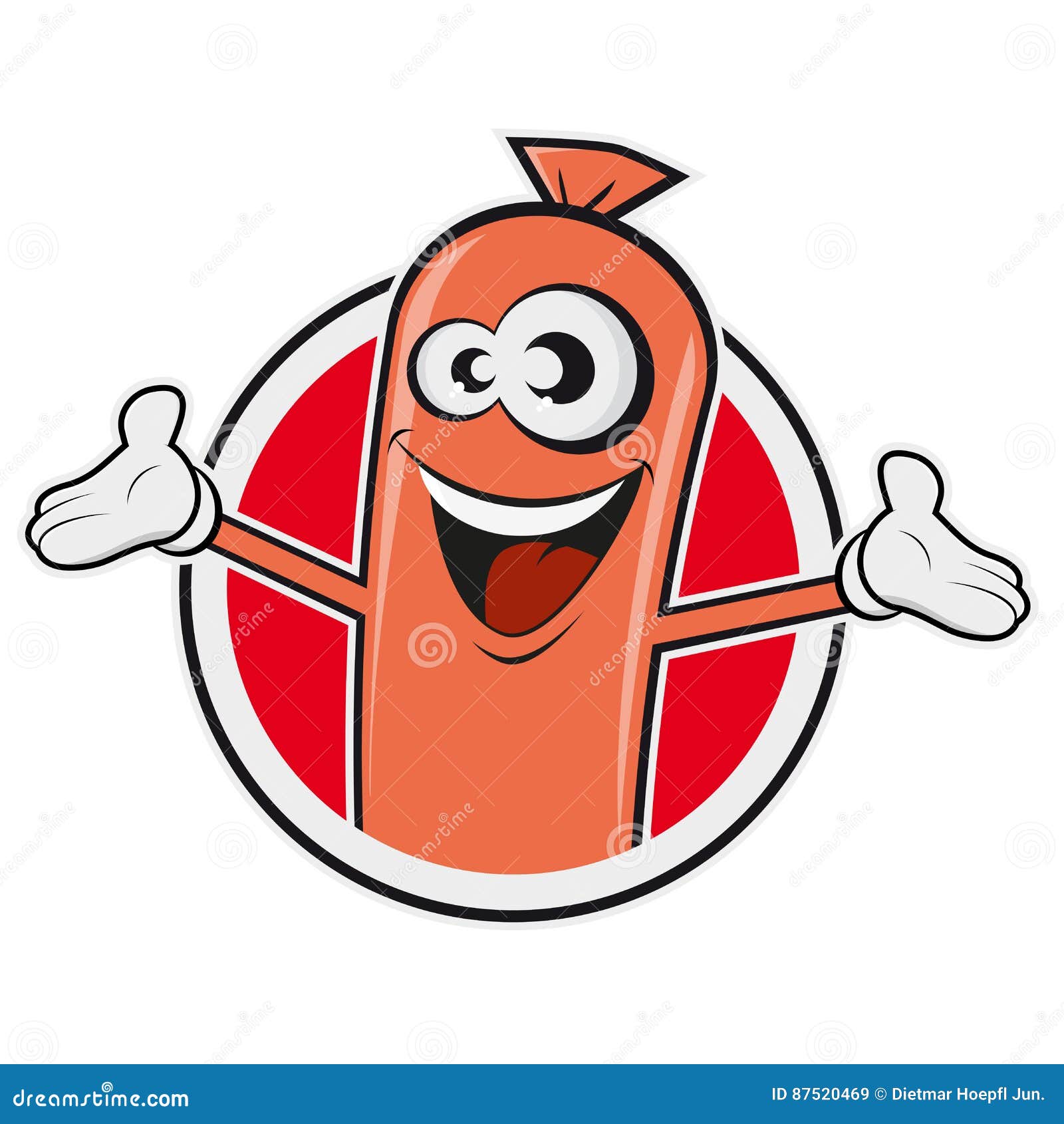 Happy sausage in a badge stock vector. Illustration of cartoon 87520469