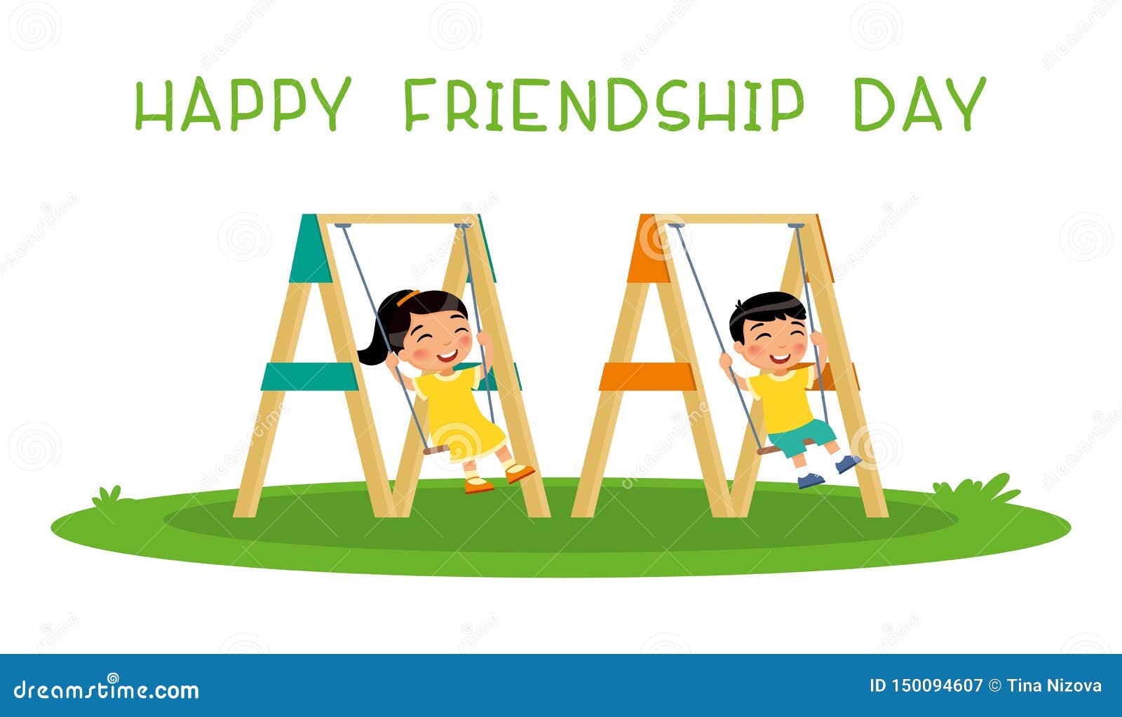 Happy Friendship Day. Cute Little Asian Boy and Girl Swinging on ...