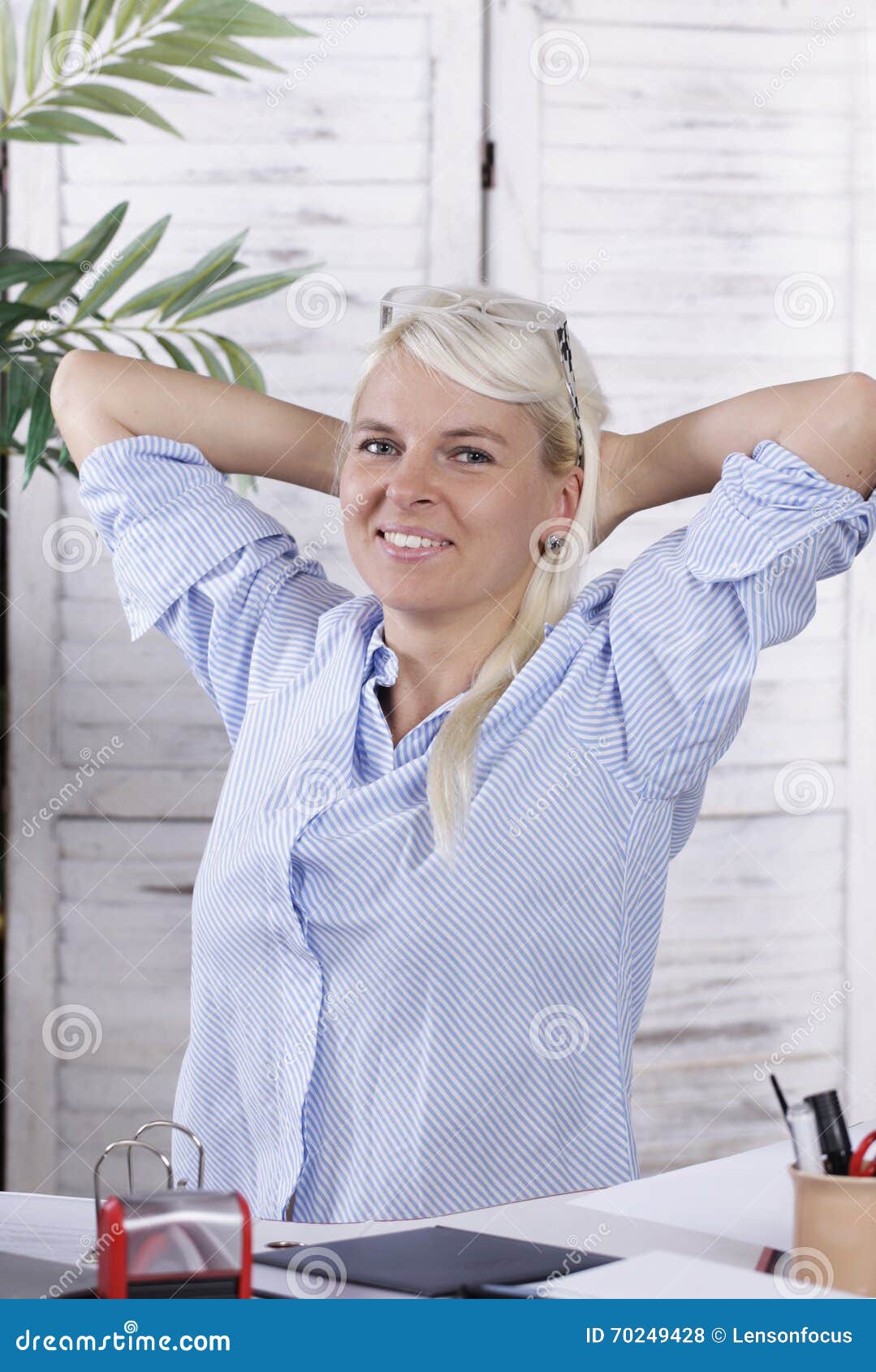 Happy Secretary in Her Office Stock Photo Image of back, open 70249428