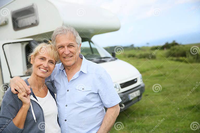 Happy Senior Couple Sightseeing Basque Country with Camping Car Stock ...