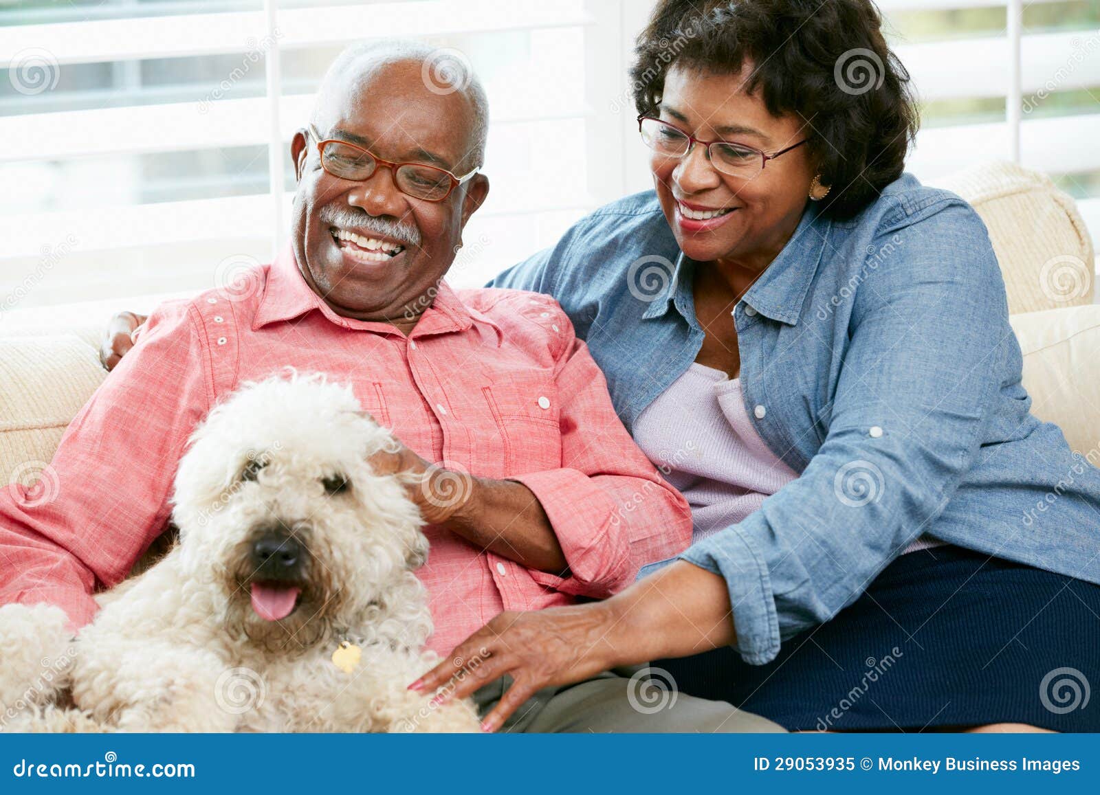 happy senior couple sitting on sofa with dog