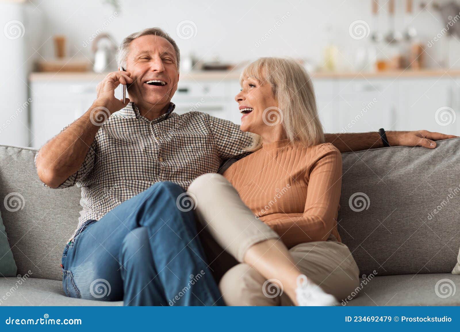 Senior Nudist Couples Home Gallery - Happy Senior Couple Talking on Phone and Laughing at Home Stock Image -  Image of caucasian, leisure: 234692479