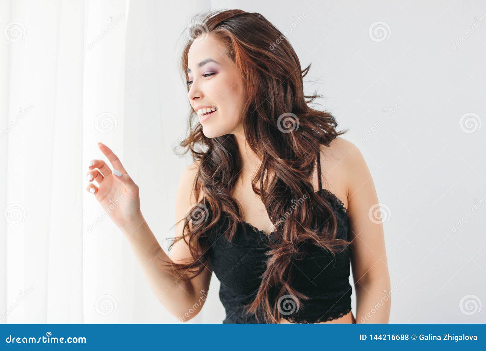 Happy Sensual Smiling Girl Asian Young Woman with Dark Long Curly Hair ...