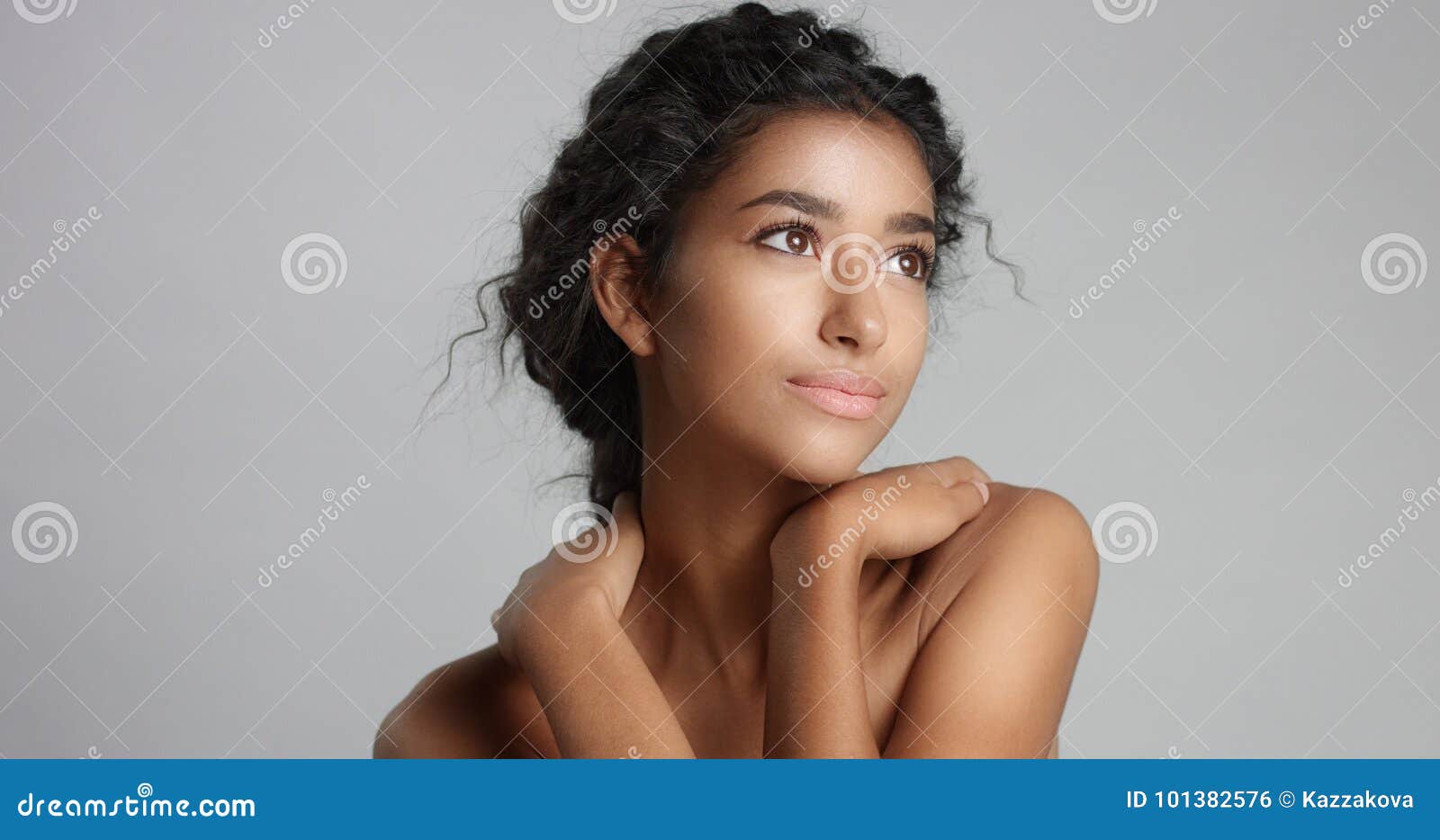 Happy Serene Young Woman with Beautiful Olive Skin and Curly Hair Ideal Skin  and Brown Eyes in Studio Stock Photo - Image of hand, dancing: 101382576