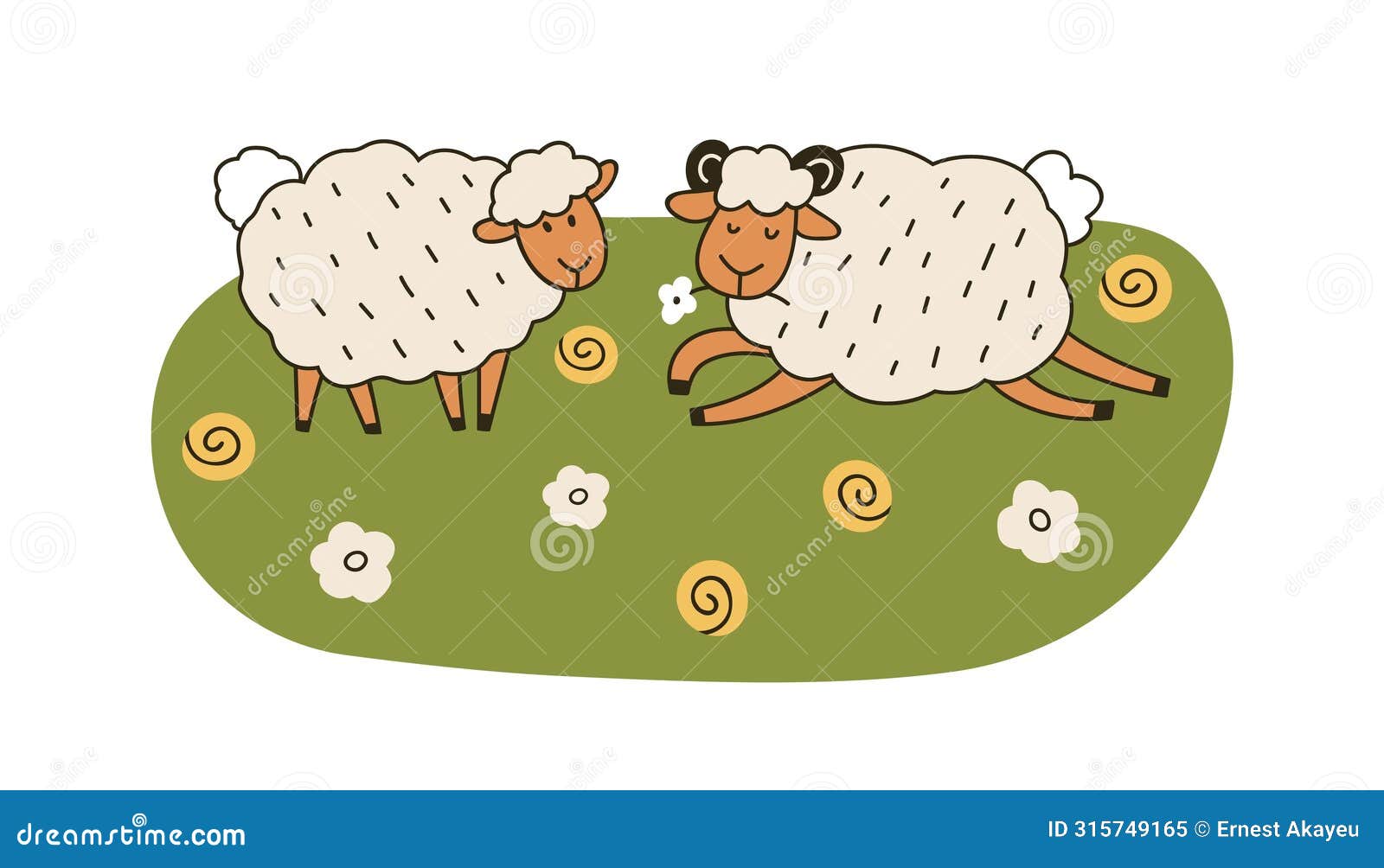 happy sheep couple grazing on meadow, grass. adorable funny farm animals, fluffy ewe and ram in nature, countryside