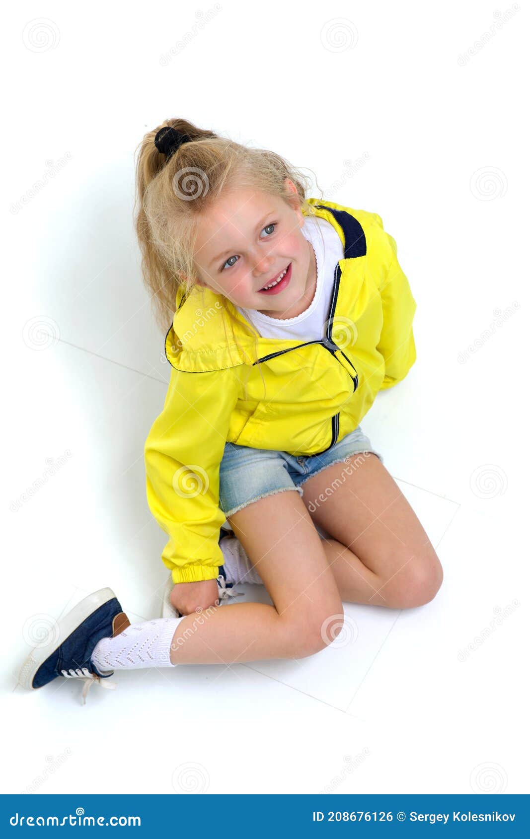 Happy Six Years Old Girl Sitting on Floor Stock Photo - Image of blonde ...