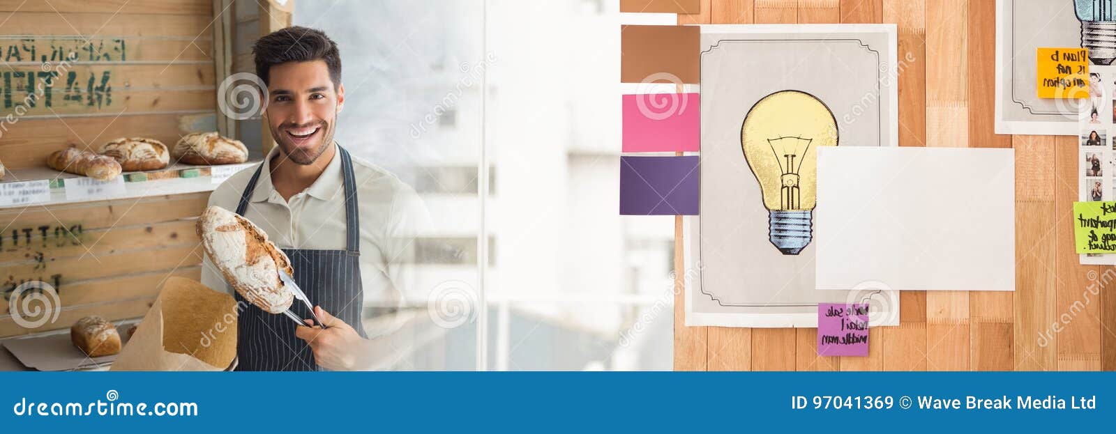Happy Small Business Owner Man Holding Bread Stock Image Image of
