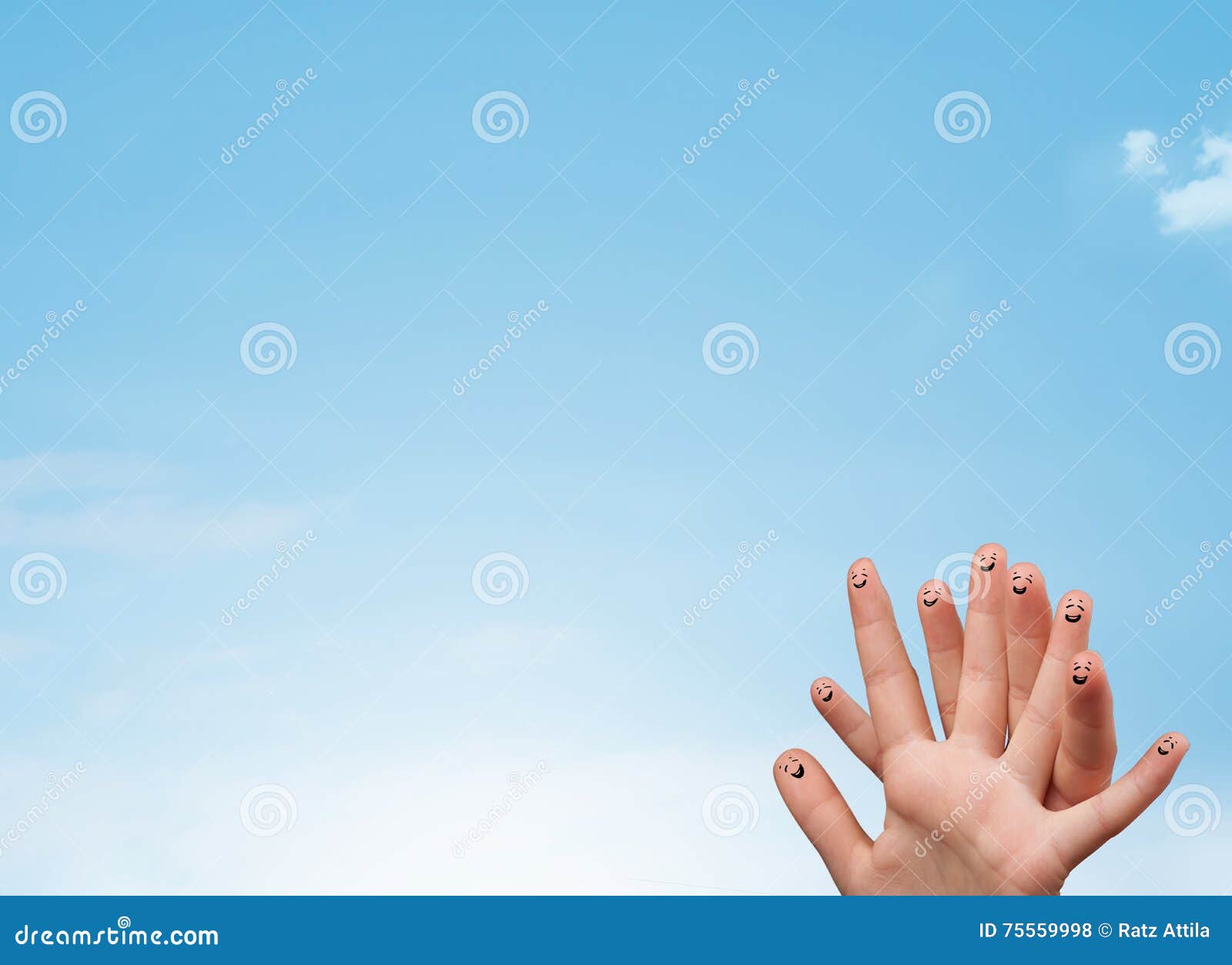 Happy Smiley Fingers Looking at Clear Blue Sky Copyspace Stock Photo