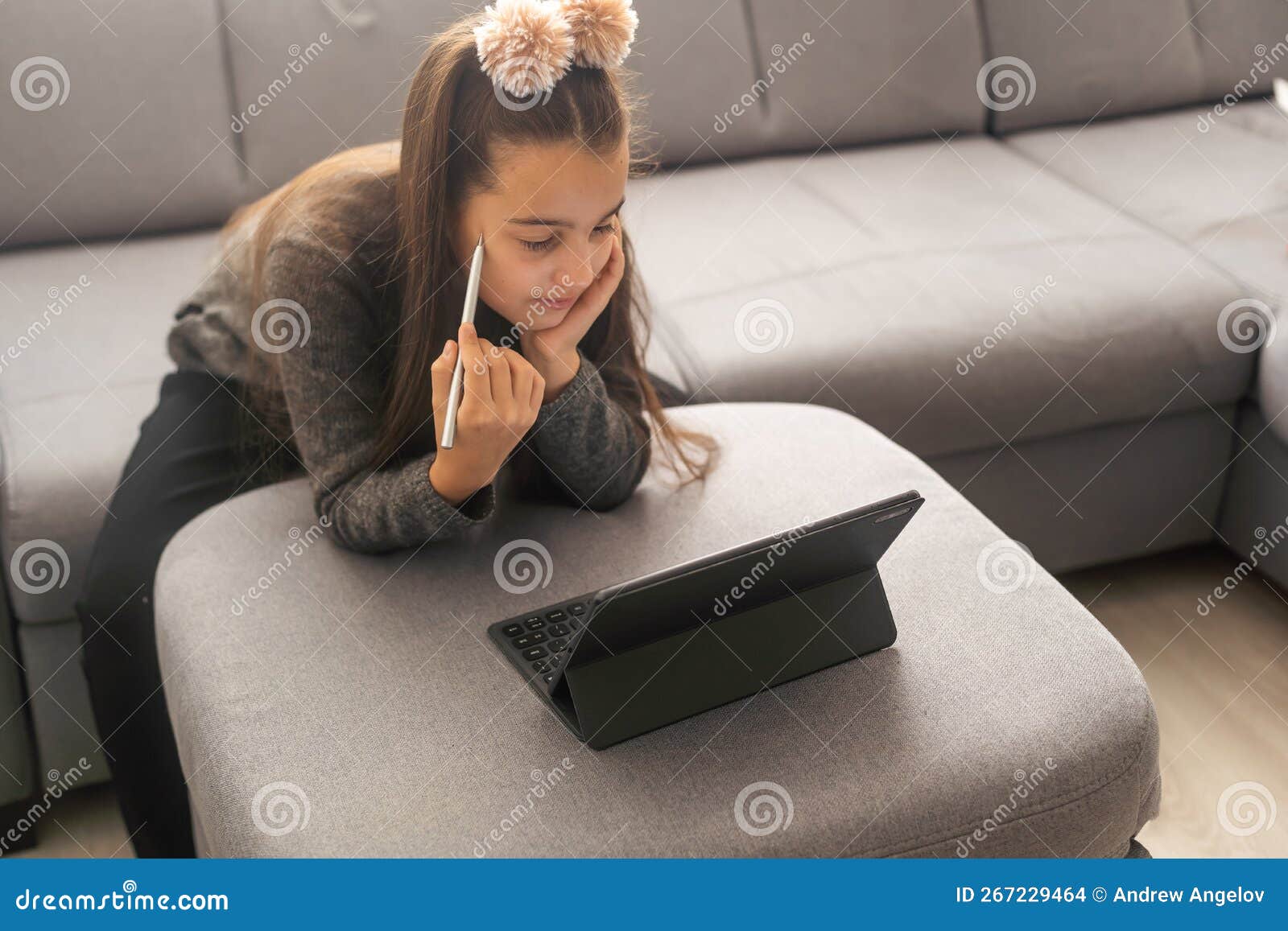 Happy Smiling Arab Indian Girl Student Watching Learning Online Video