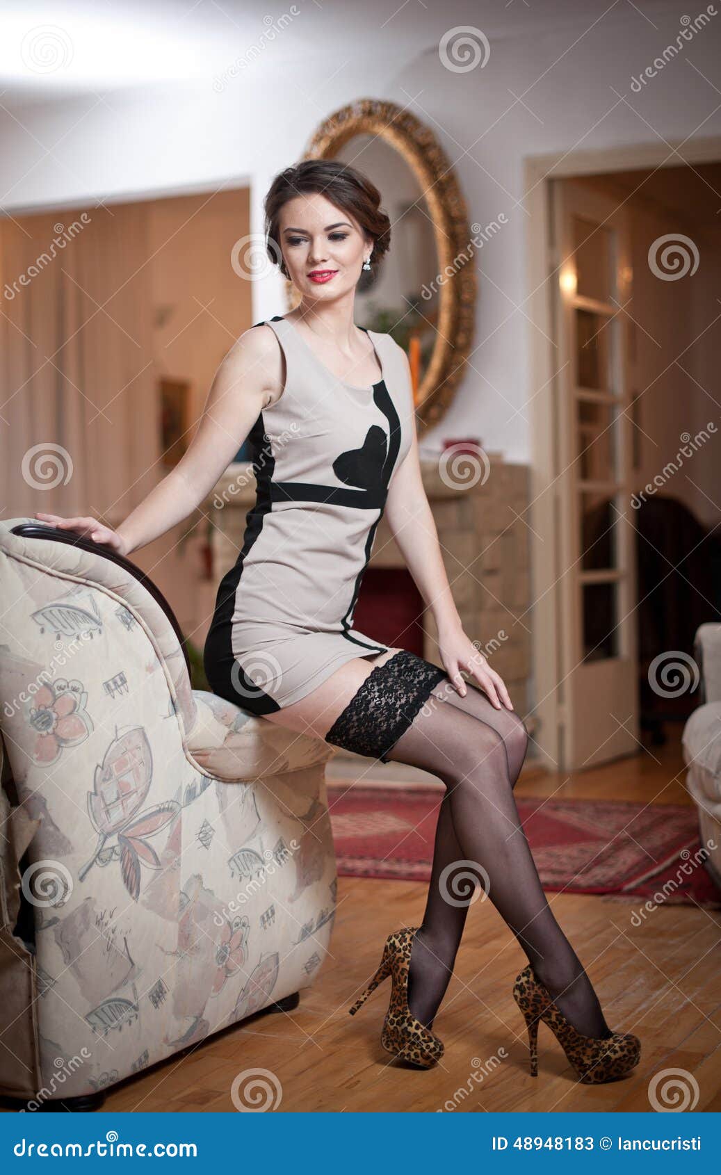 Mature stocking free Happy Smiling Attractive Woman Wearing An Elegant Dress And Black Stockings Sitting On The Sofa Arm Beautiful Young Sensual Girl Stock Photo 48948183 Megapixl