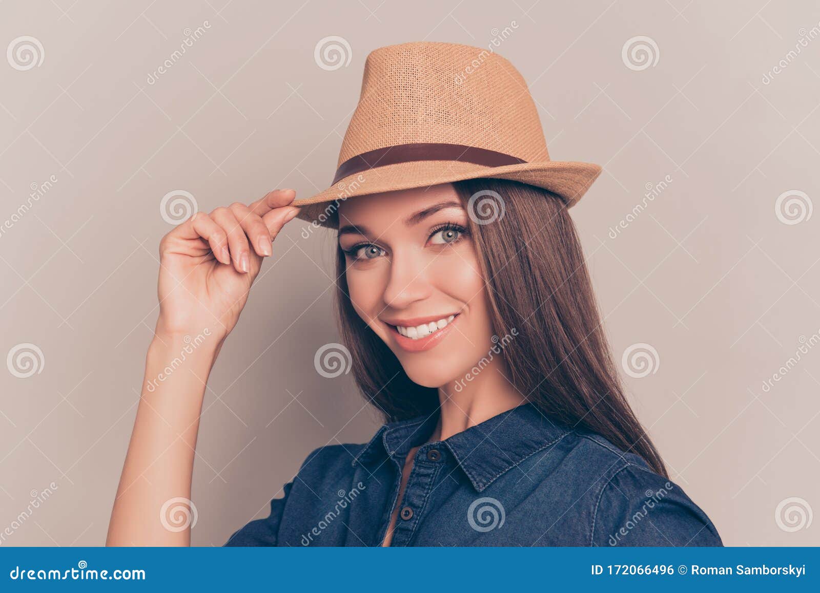 Happy Smiling Beautiful Girl Holding Summer Hat Stock Photo - Image of ...