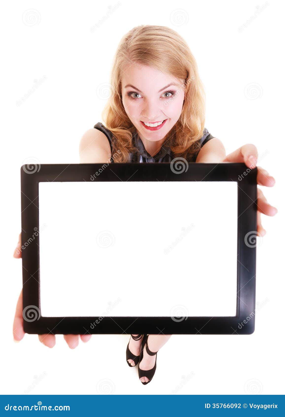 Happy Smiling Blond Girl Showing Ipad Tablet Touchpad Blank Space Stock