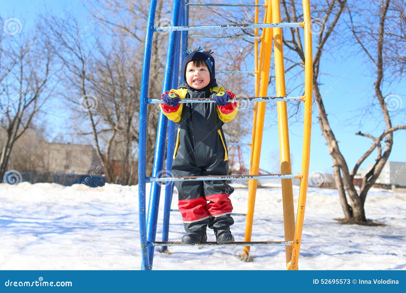 Happy Smiling Child in Overall Plays in Winter Stock Image Image of