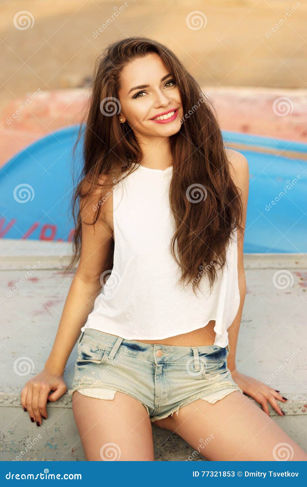 Happy Smiling Girl Sitting at Beach Stock Image - Image of beautiful ...