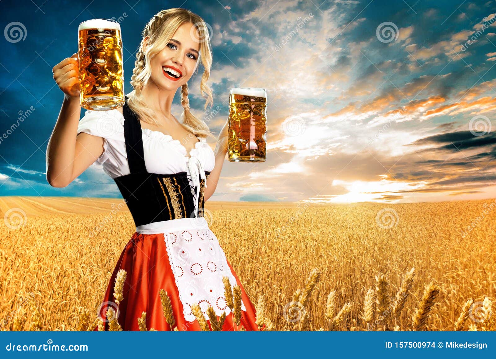 Happy And Smiling Bavarian Oktoberfest Girl Waitress In