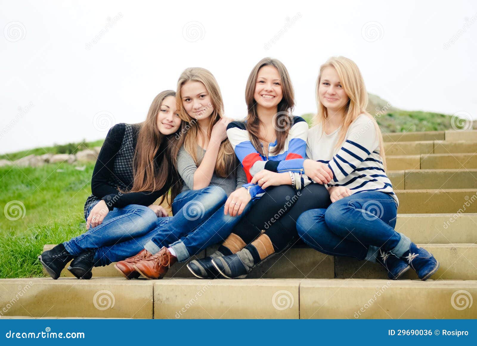 Happy Smiling Teen Girls Friends Having Fun Outdoo Stock Photo ...