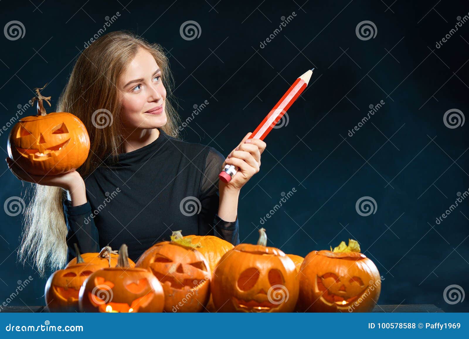 Woman with Halloween Pumpkins Stock Photo - Image of carved, happy ...