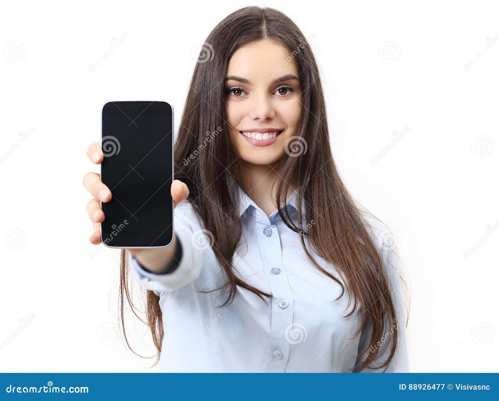 happy smiling woman showing mobile phone  in white