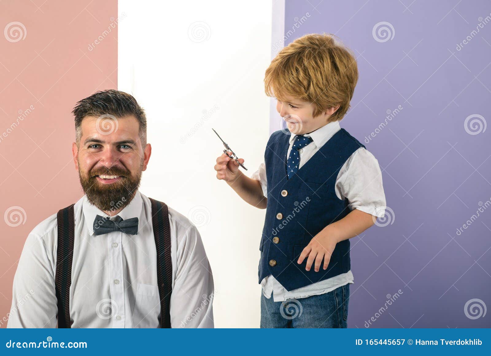 Happy Son Cuts Fathers Hair. Shaving Man and Razor Man. Barber ...