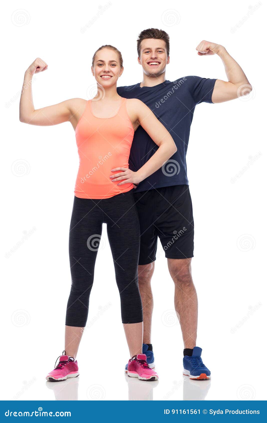 Happy Sportive Man and Woman Showing Biceps Power Stock Image - Image ...