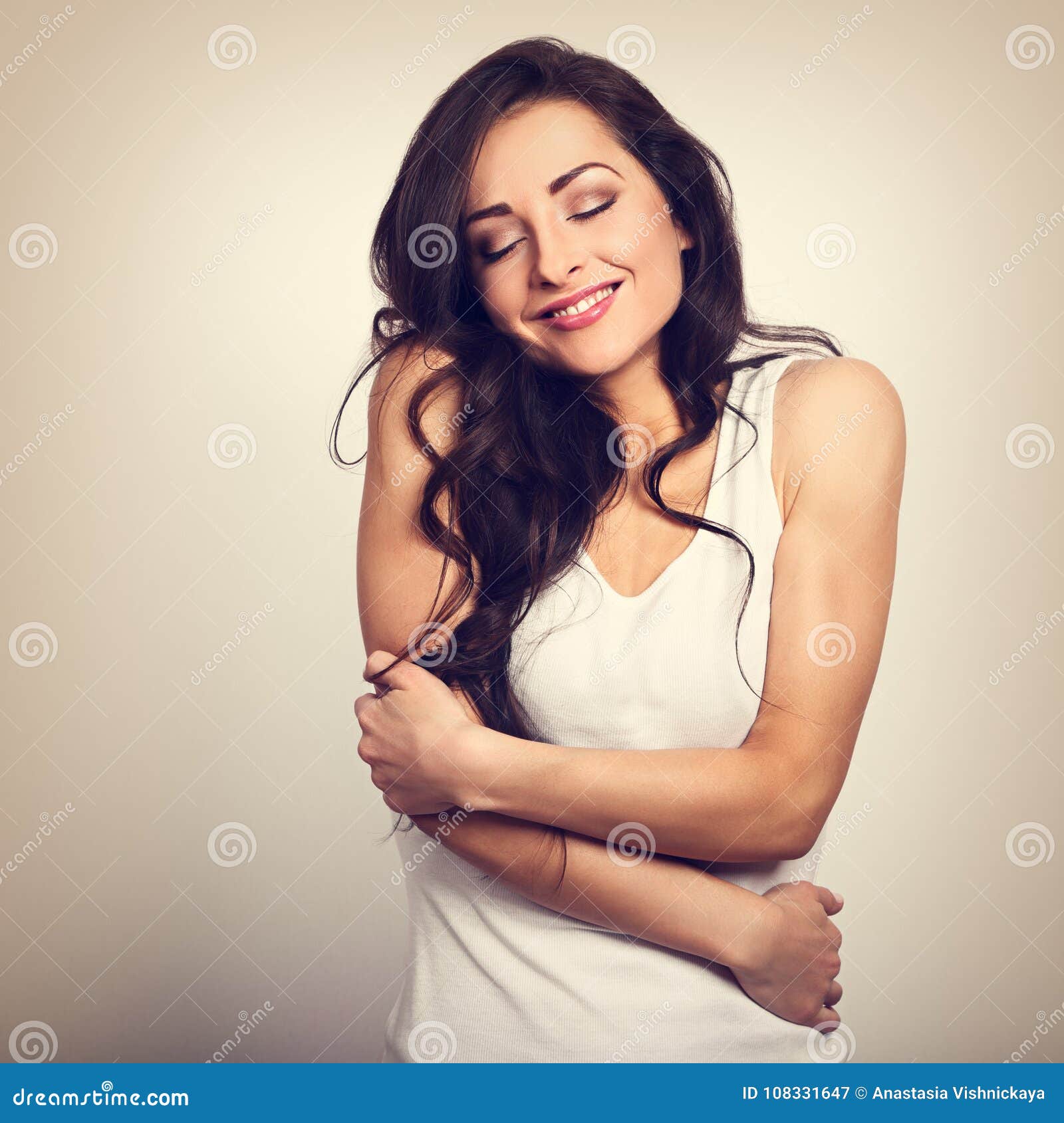 Happy Sporty Woman Hugging Herself with Natural Emotional Enjoying ...