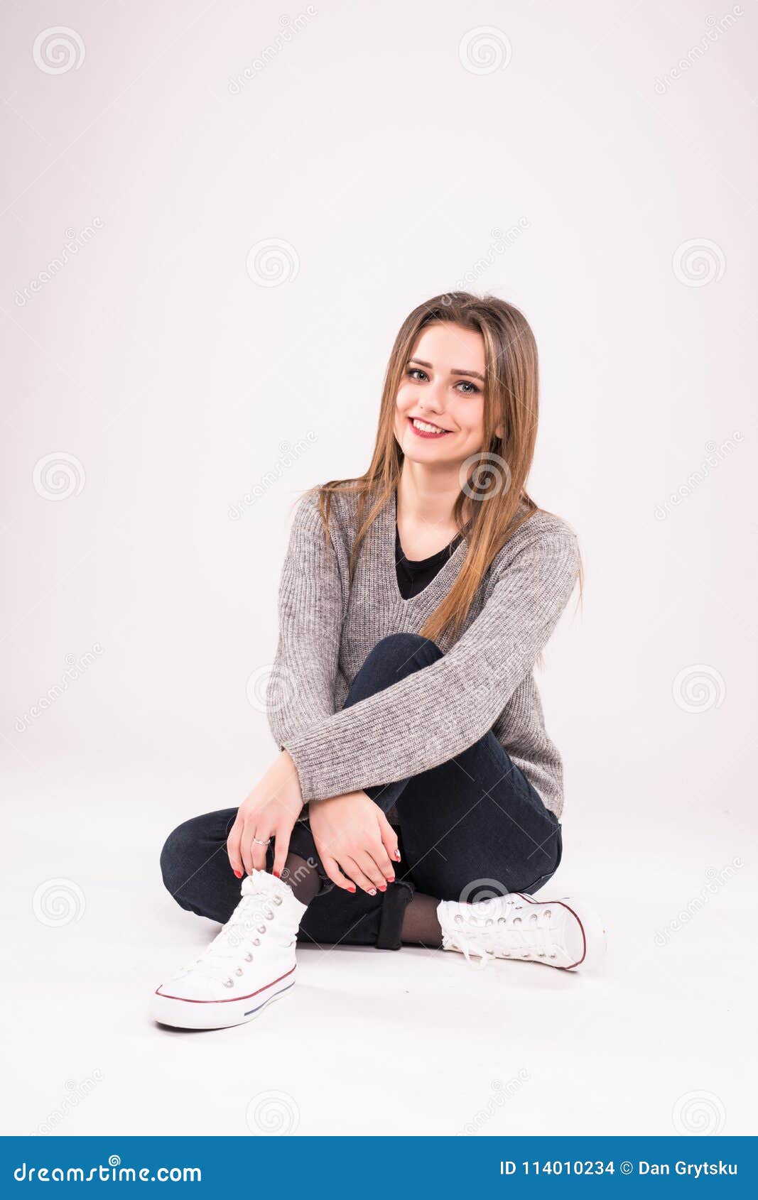 Happy Student Sitting on the Floor Isolated on White Background Stock ...